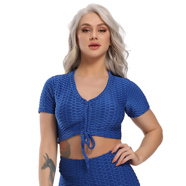 Woven Textured String Crop Top BLUE (S-XL)